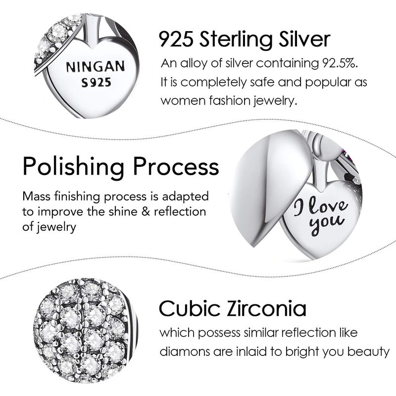 NINGAN â€œI Love Youâ€ White Love Heart Dange Charm 925 Sterling Silver Pendant Beads fit Bracelets & Necklaces, Birthday Gift for Women - Image 5
